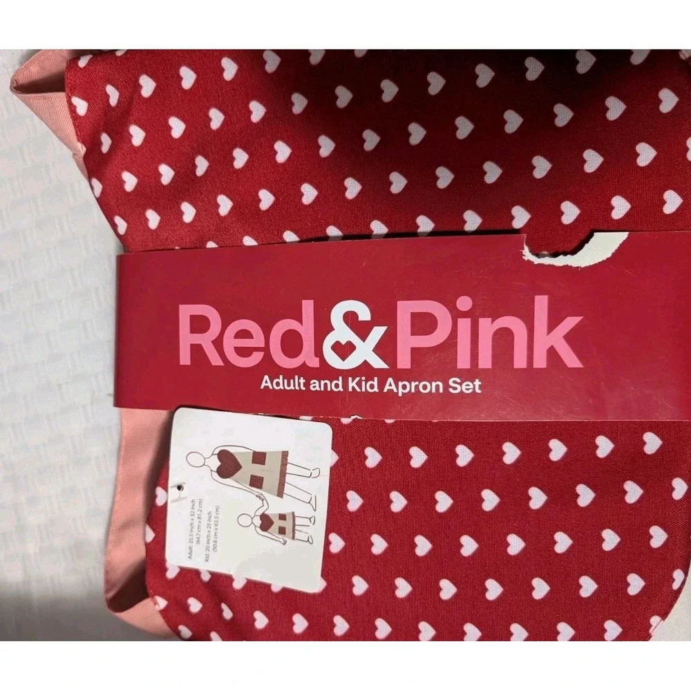 Adult & Kid Apron Set  Pink And Red With Hearts